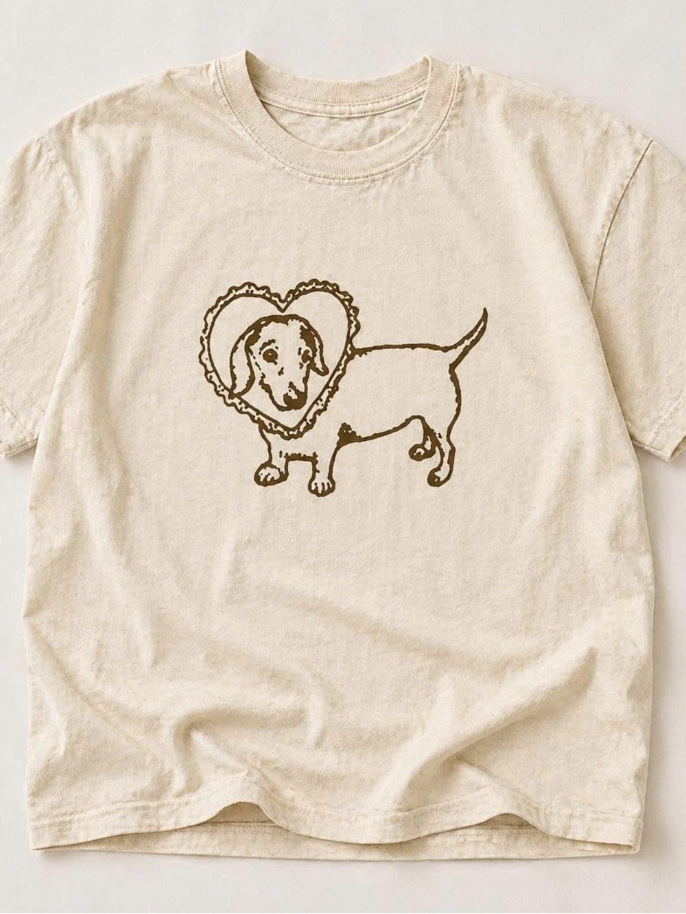 Cream Tee with Brown Dachshund Heart Graphic - Picture 1 of 2